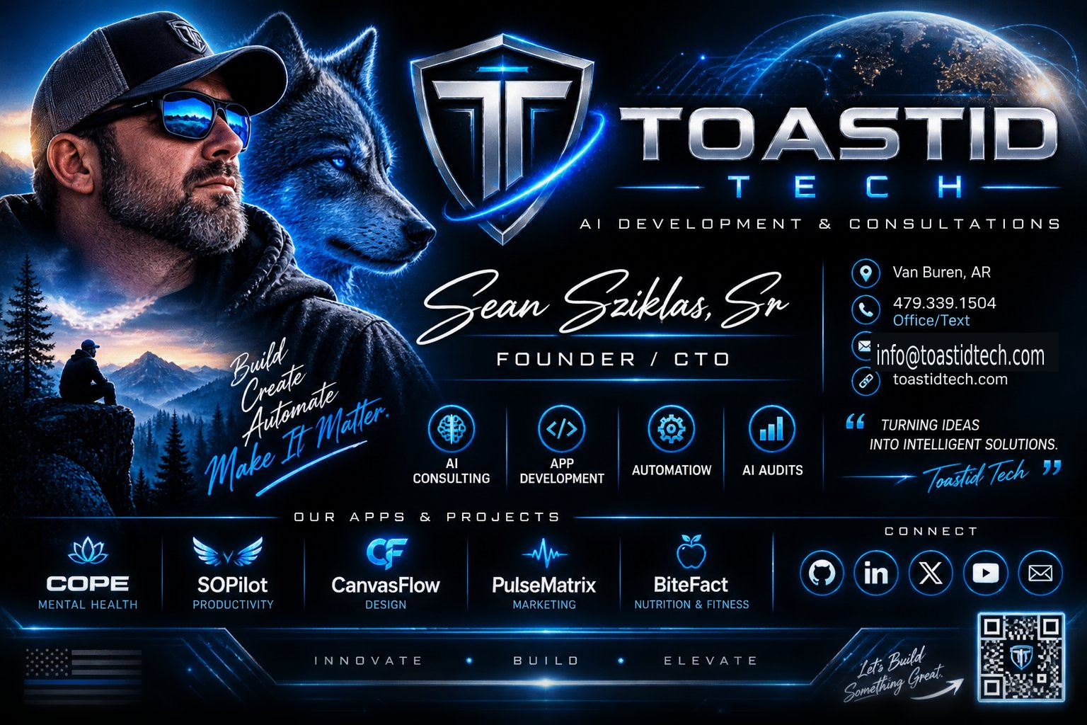 Toastid Tech contact card — Sean Sziklas, Sr., Founder/CTO. Phone 479.339.1504, email info@toastidtech.com, toastidtech.com, Van Buren Arkansas. Apps: Cope, SOPilot, CanvasFlow, PulseMatrix, BiteFact.